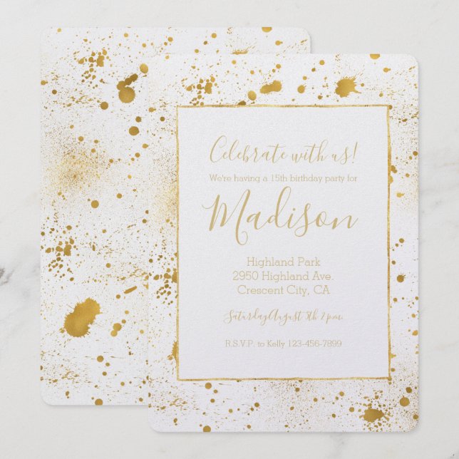 Guld Splatters Inbjudningar (Fram/baksida)