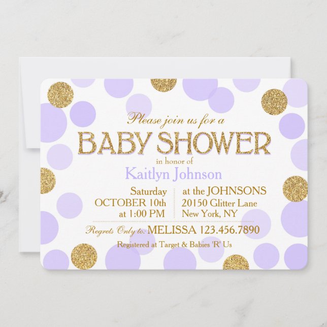 Guld- spridd glitterlavendel pricker baby shower inbjudningar (Framsida)