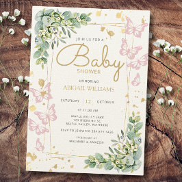 Guld Sprinkle Rosa Butterfly Greenery Baby Shower Inbjudningar