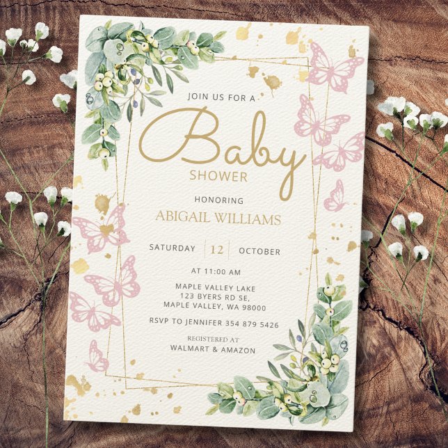 Guld Sprinkle Rosa Butterfly Greenery Baby Shower Inbjudningar (Skapare uppladdad)