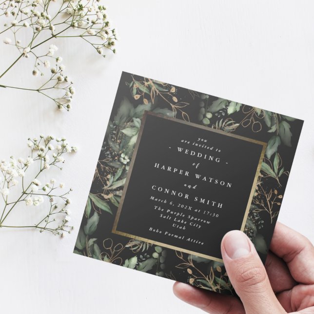 Guld Square Foil Ram | Boho Botanical Eucalyptus Inbjudningar (Skapare uppladdad)