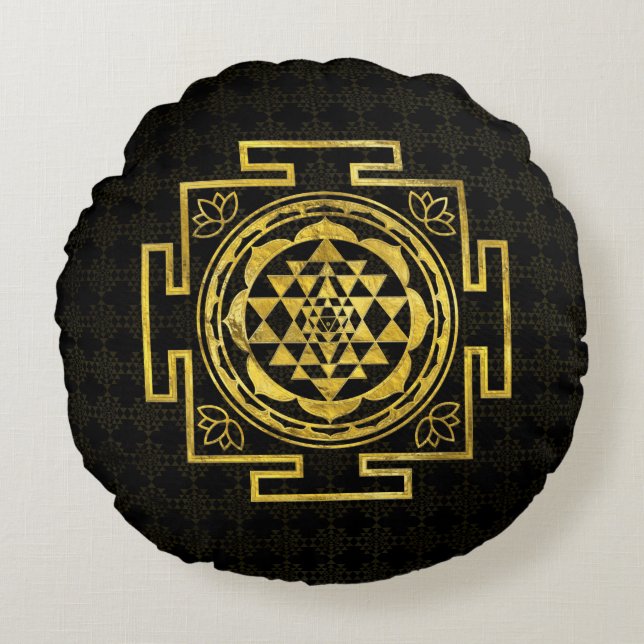 Guld- Sri Yantra/Sri Chakra Rund Kudde (Framsidan)