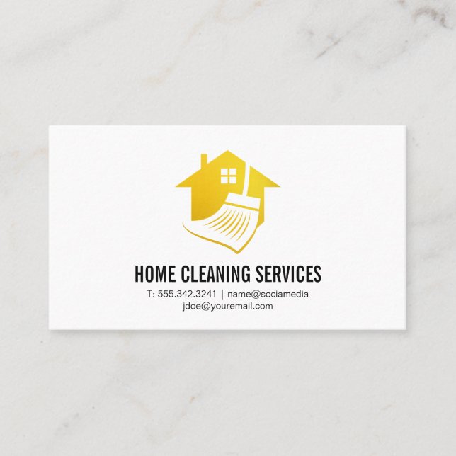 Guld Städning House Broom Logotyp Visitkort (Framsida)