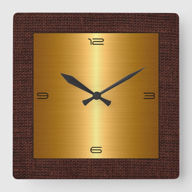 Guld Stainless Steel Modern Burlap Gräns Fyrkantig Klocka (Framsida)