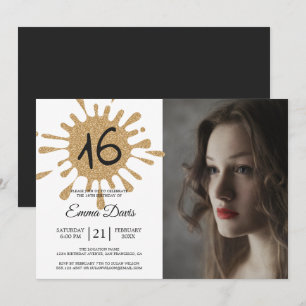 Guld Stänk Sweet 16 16:e Födelsedagsfestens foto Inbjudningar