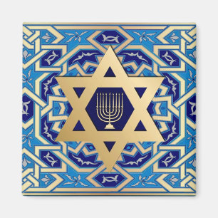 Guld Star av David och Menorah Hanukkah Gift Magnet