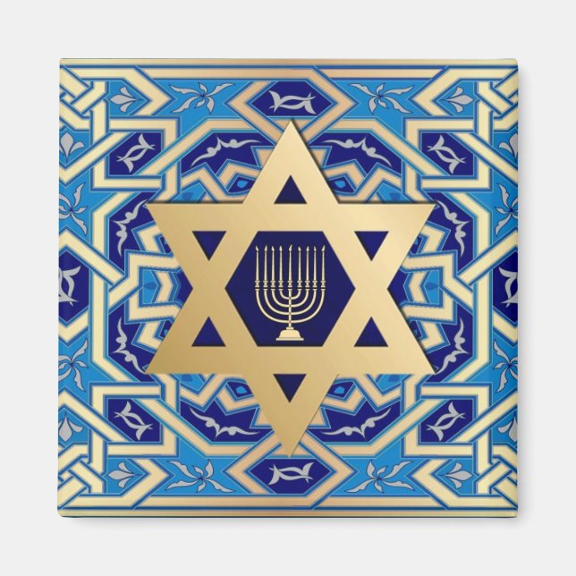 Guld Star av David och Menorah Hanukkah Gift Magnet (Framsidan)