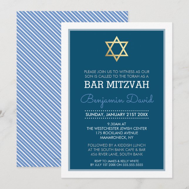 GULD STAR AV DAVID pub mitzvah modern, blå Inbjudningar (Fram/baksida)