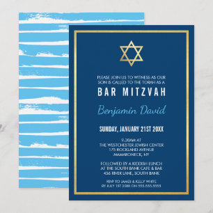 GULD STAR AV DAVID pub mitzvah modern, blå Inbjudningar