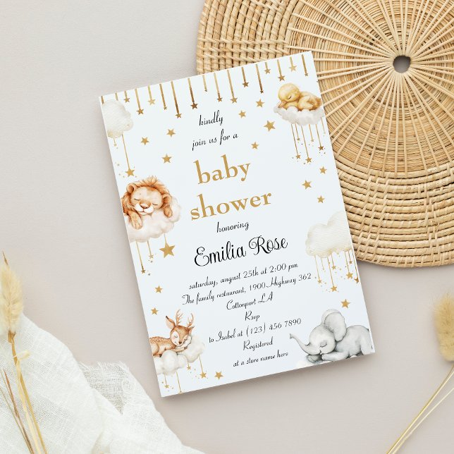 Guld Star Baby Shower Sömnig Woodland Animals Inbjudningar (Skapare uppladdad)