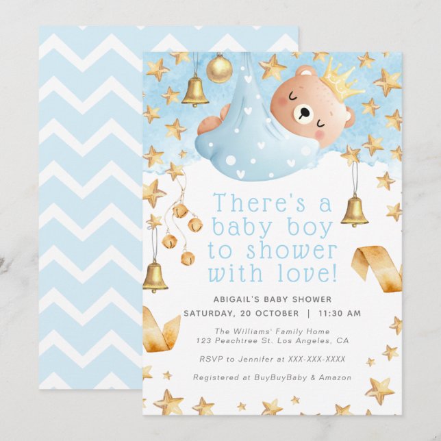 Guld Star Blue Nalle Prince - Boy Baby Shower Inbjudningar (Fram/baksida)