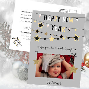 Guld Star Bunting Banner Nyårsfoto Helg Vykort