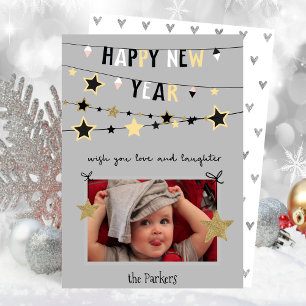Guld Star Bunting Banner Nyårsfoto Julkort