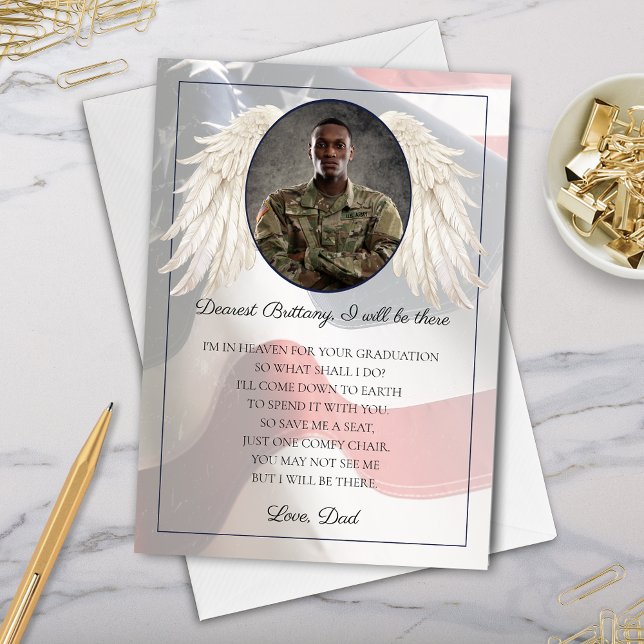 Guld Star Child Studenten Card med Photo Vingar Julkort (elegant gold star family member child graduation card from fallen service member to graduate photo)