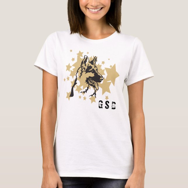 Guld Star German Shepherd Hund Porträtt T Shirt (Framsida)