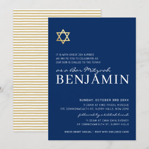 GULD STAR modern Pub Mitzvah minimal vit marin Inbjudningar