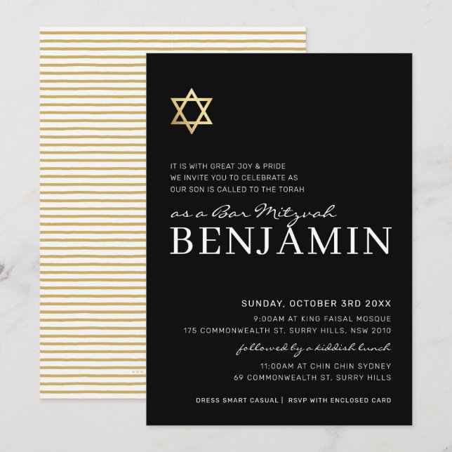 GULD STAR modern Pub Mitzvah svartvit Inbjudningar (Fram/baksida)