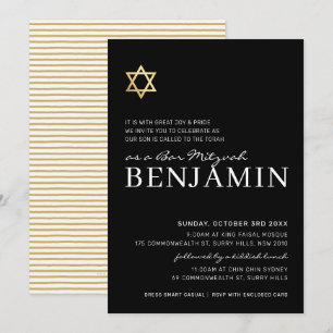 GULD STAR modern Pub Mitzvah svartvit Inbjudningar