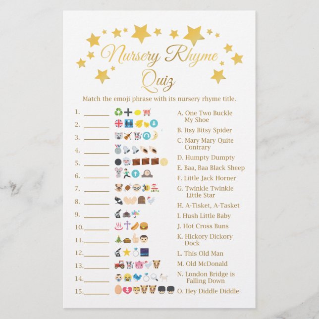 Guld Star Nursery Rhyme Baby Shower Emoji Game Flygblad (Framsidan)