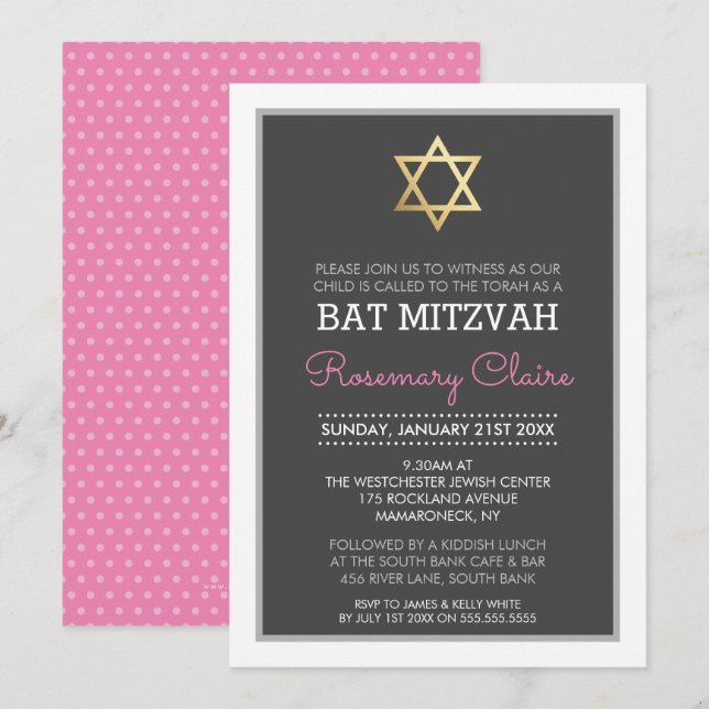 GULD STAR OF DAVID bat mitzvah modern grått rosa Inbjudningar (Fram/baksida)