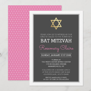 GULD STAR OF DAVID bat mitzvah modern grått rosa Inbjudningar