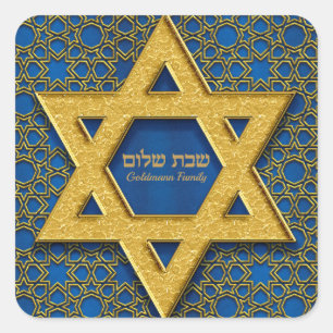 Guld Star of David Blue Hebrew Shabbat Shalom Fyrkantigt Klistermärke