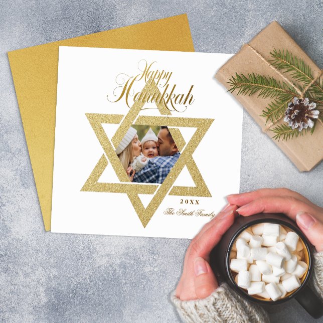 Guld Star of David Hanukkah Card Julkort (Elegant Photo Hanukkah Card)