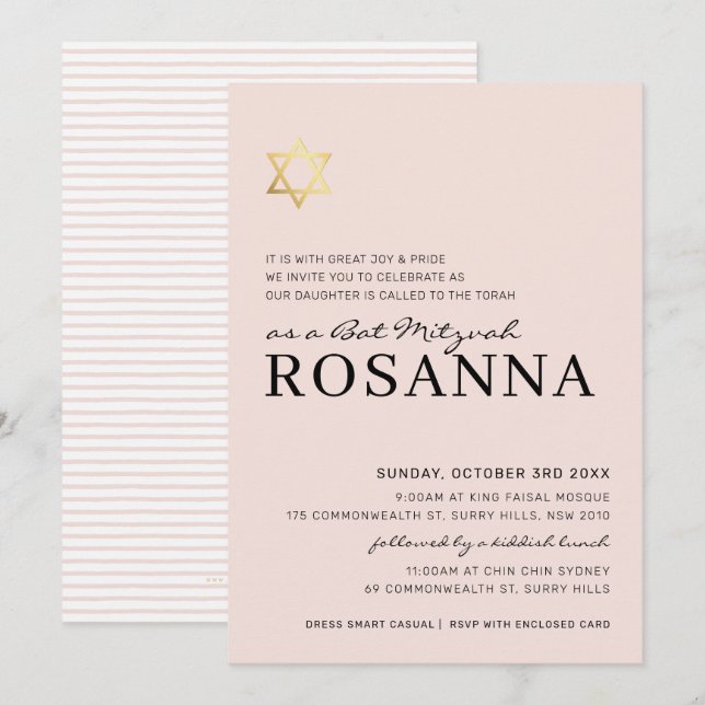 GULD STAR:s moderna Bat mitzvah rosa av minimal bl Inbjudningar (Fram/baksida)