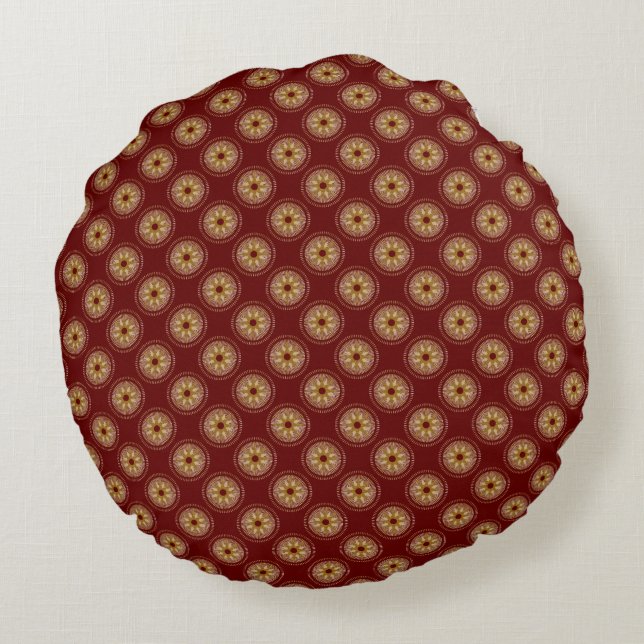 Guld Starburst Medallion Mönster | Burgundy Rund Kudde (Baksidan)