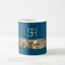 Guld Stardust Push Stroke, Monogram/Namn, Blue Kaffemugg