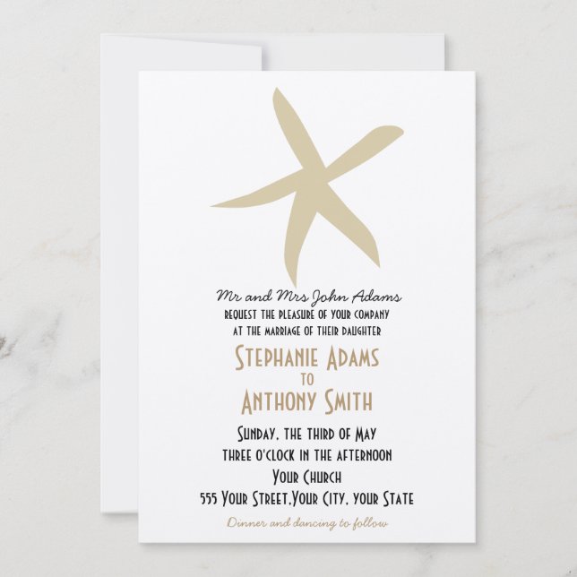 Guld Starfish Nautical Beach Wedding Inbjudningar (Framsida)