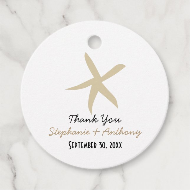 Guld Starfish Nautical Beach Wedding Tack Gåvor Etiketter (Framsida)
