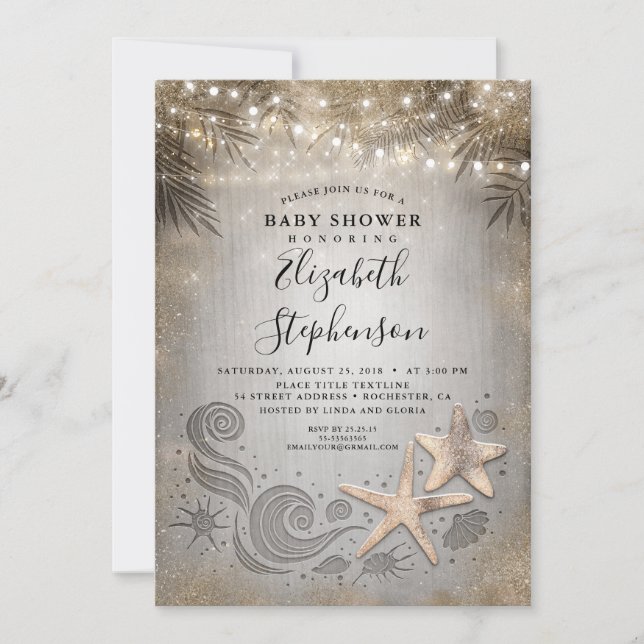 Guld Starfish Tropical Beach Ljus Baby Shower Inbjudningar (Framsida)