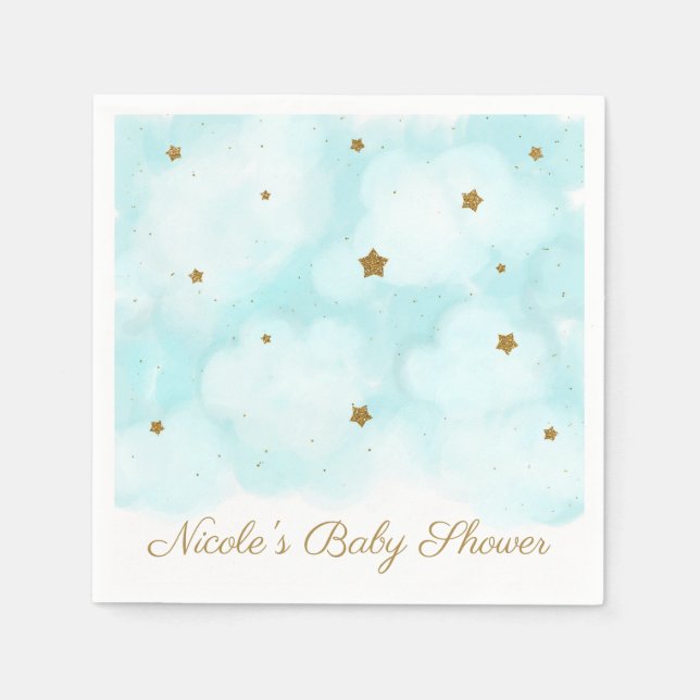 Guld Stars & Blå himmel Clouds Baby Shower Party Pappersservett (Framsidan)
