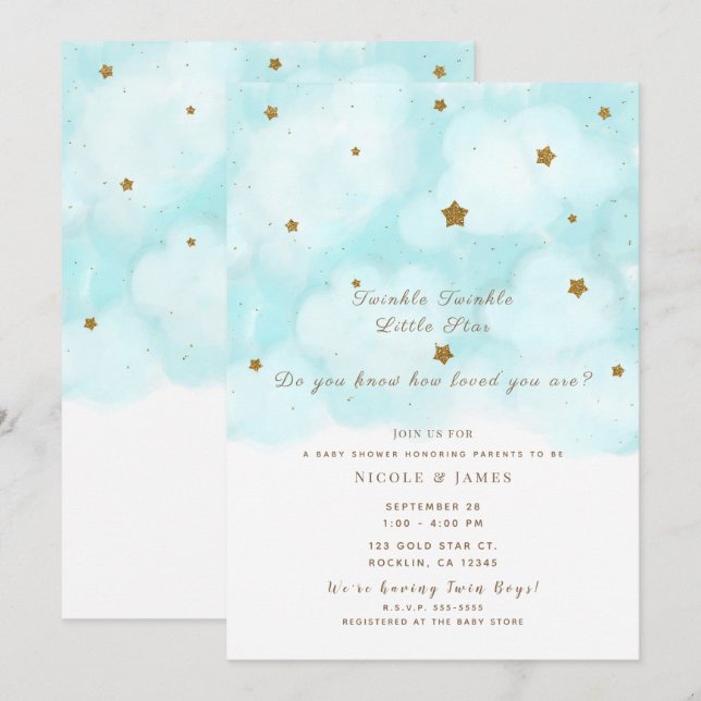 Guld Stars & Blå himmel Clouds Baby Shower Twillin Inbjudningar (Fram/baksida)