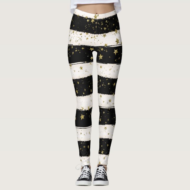 Guld Stars Black and White Rand Leggings (Framsida)