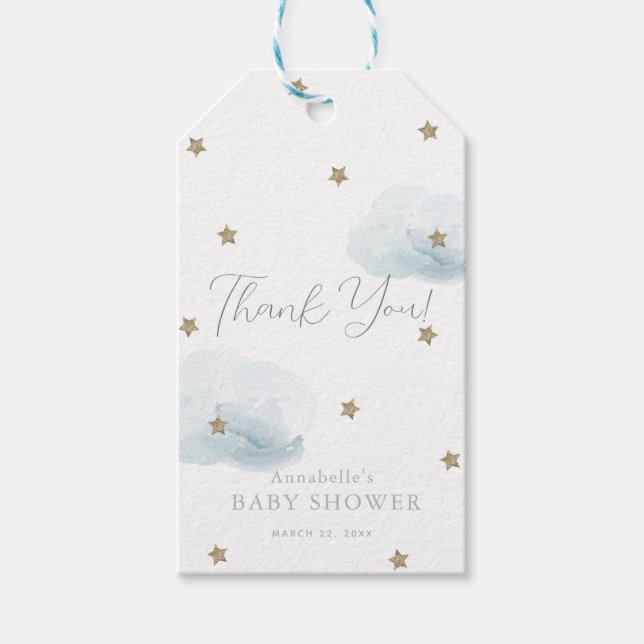 Guld Stars & Blue Clouds Baby Shower Tack Presentetikett (Framsidan)