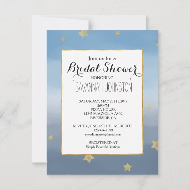 Guld Stars Blue Watercolor Himlar möhippa Inbjudningar (Framsida)