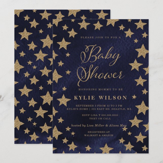 Guld Stars Celestial Gender Neutral Baby Shower Inbjudningar (Fram/baksida)