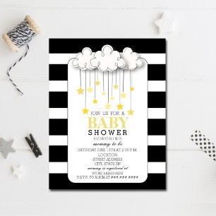 Guld Stars Cloud Black + White Neutralt Baby Showe Inbjudningar