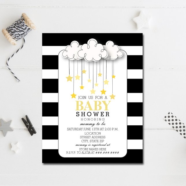 Guld Stars Cloud Black + White Neutralt Baby Showe Inbjudningar (Skapare uppladdad)