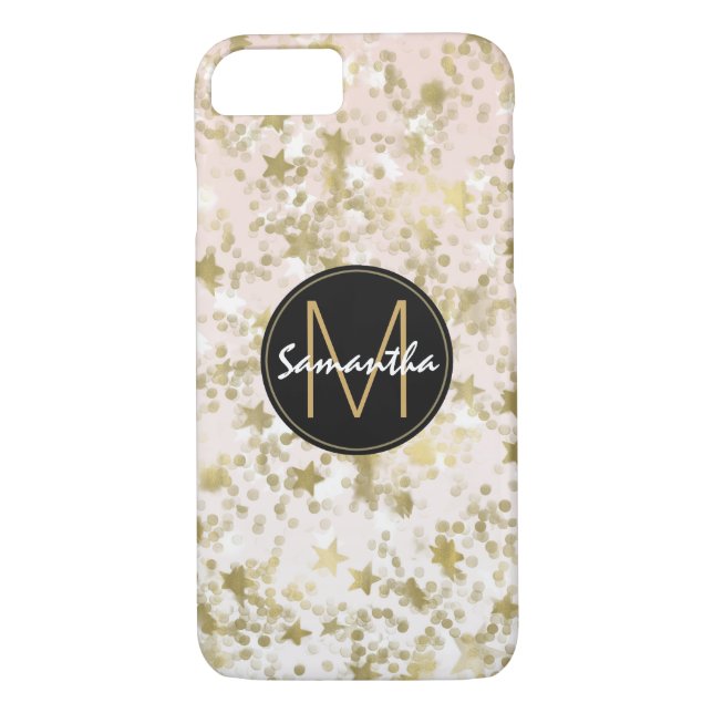 Guld Stars Confetti Peach Monogram Case-Mate iPhone Skal (Baksida)