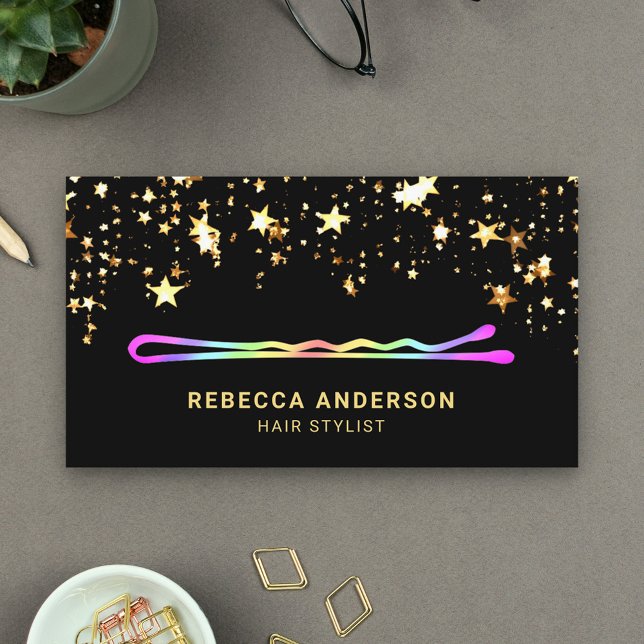 Guld Stars Confetti Rainbow Hair Stylist Visitkort (Skapare uppladdad)