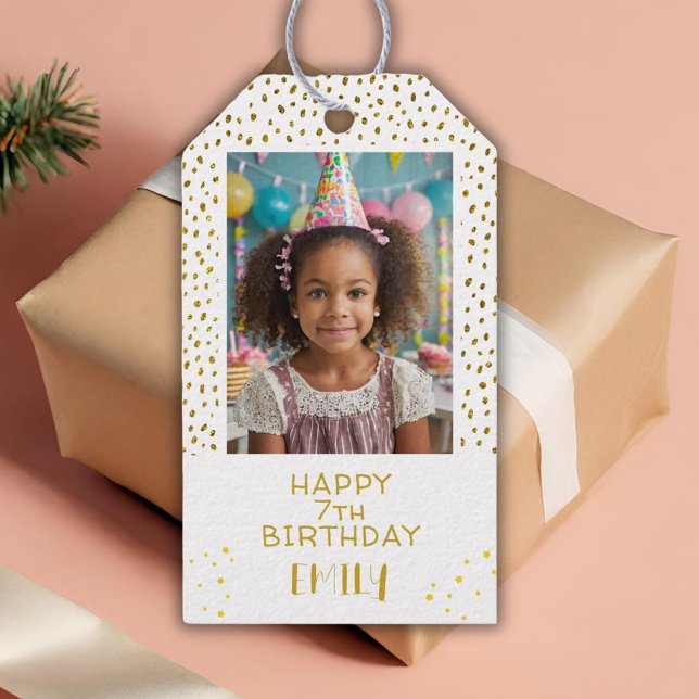 Guld Stars Faux Glitter Birthday Kids Girl Photo Presentetikett (Skapare uppladdad)