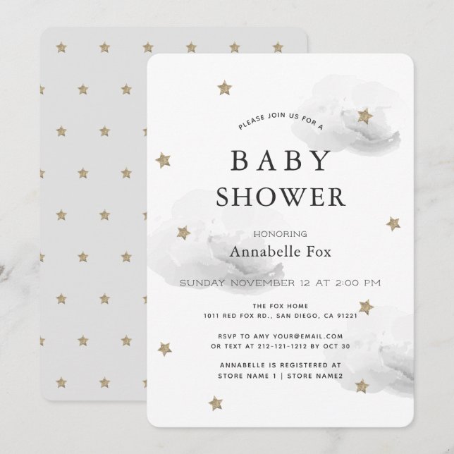 Guld Stars & Fluffy Grått Clouds Baby Shower Inbjudningar (Fram/baksida)