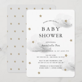 Guld Stars & Fluffy Grått Clouds Baby Shower Inbjudningar