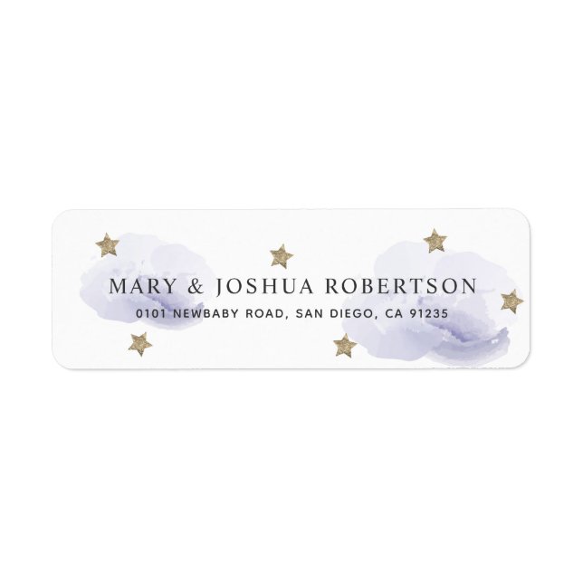 Guld Stars & Fluffy Lavender Clouds Adress Returadress Etikett (Framsidan)