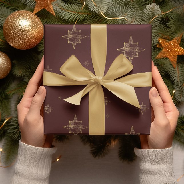 Guld Stars | God jul Burgundygåvor Presentpapper (Skapare uppladdad)
