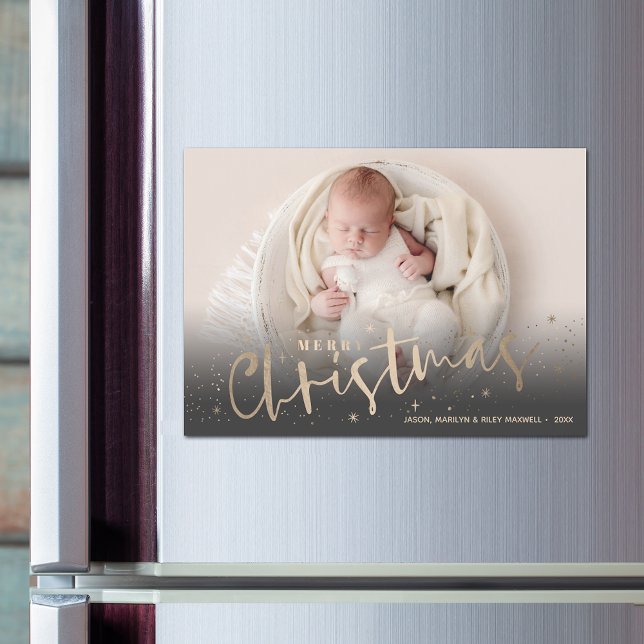 Guld Stars God jul-fotomagnetiskt kort (Gold Stars Merry Christmas Photo Magnetic Cards)