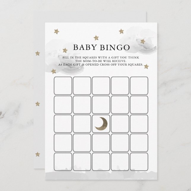 Guld Stars Grått Clouds Baby Shower Bingo Game Car Inbjudningar (Fram/baksida)